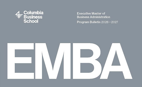 2026-2027 EMBA student handbook cover image in white text on a grey background